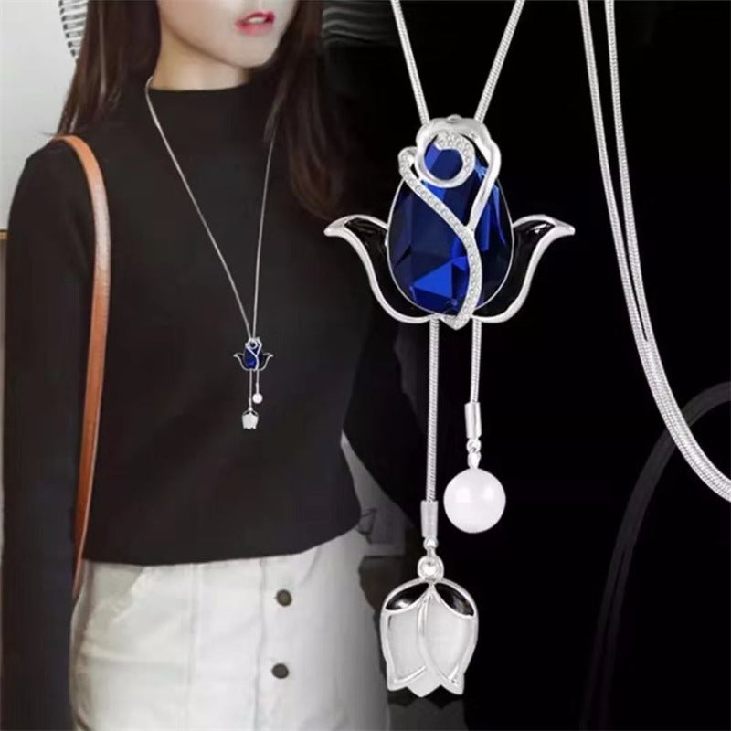 💝【Compra 1, llévate 1 gratis】✨Collar largo de tulipán con ojo de gato, cadena para suéter, accesorios de ropa-E