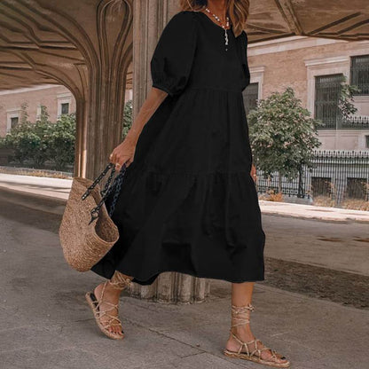👗Novo u ponudi [S-5XL] Prirodna pamučna i lanena ljetna haljina u boemskom stilu za žene, retro haljina s okruglim izrezom<