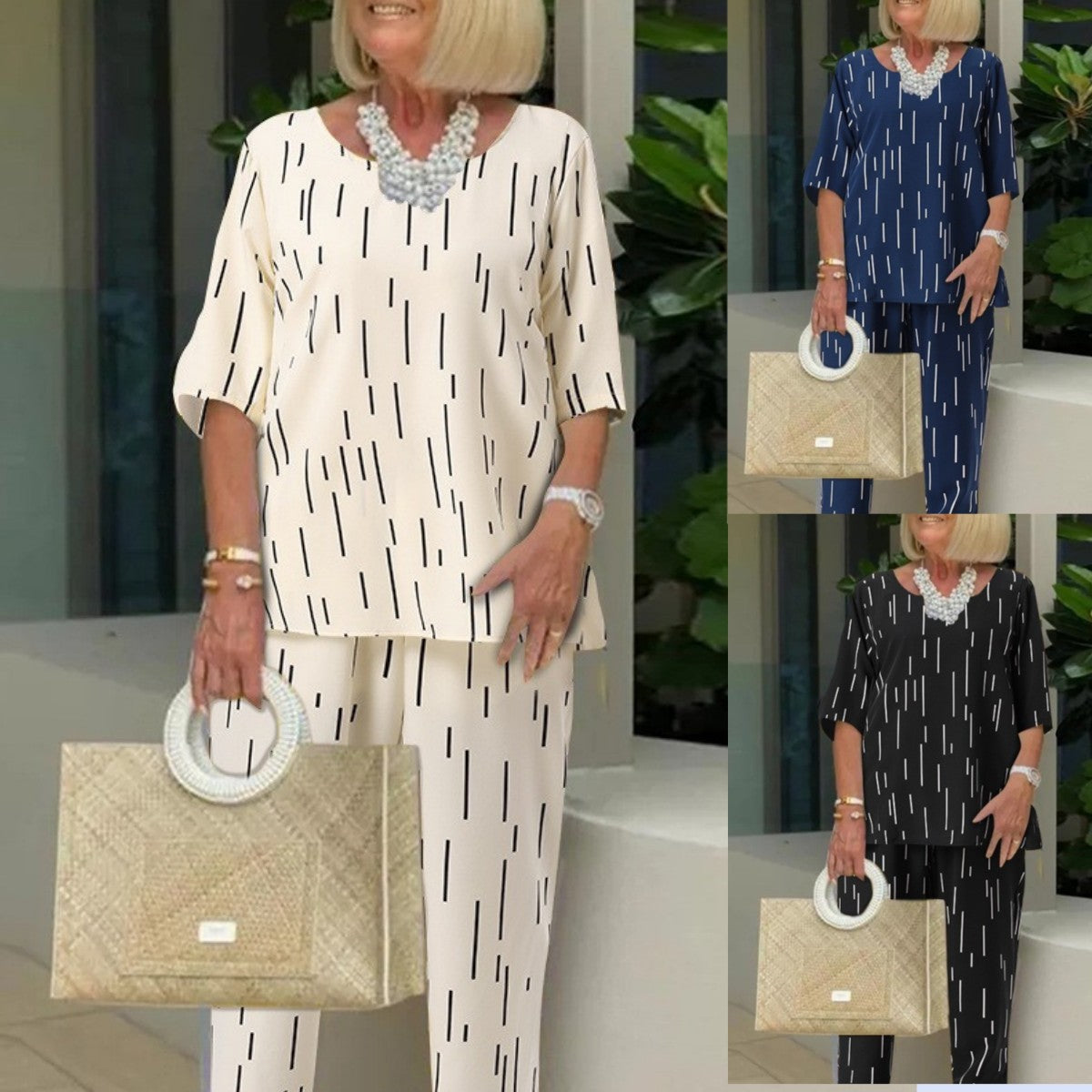 💥🔥【Top + pantaloni】【40-110kg】2025, primăvară și vară, noua modă, cu gât rotund, mânecă cinci sferturi, set liber din două piese