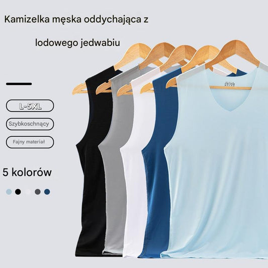 ❄️【Kup 3, otrzymaj 2 gratis – razem 5 sztuk 🔥】【L–5XL】Letni męski podkoszulek z jedwabiu lodowego, bezszwowy, cienki fason, duże rozmiary