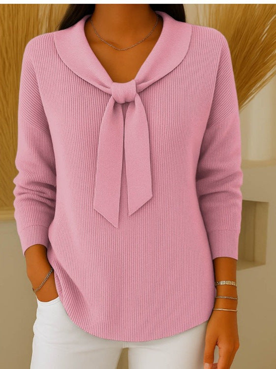 【S-2XL】Ženski jednobojni pulover s dugim rukavima i kravatom, ležeran i širok-H