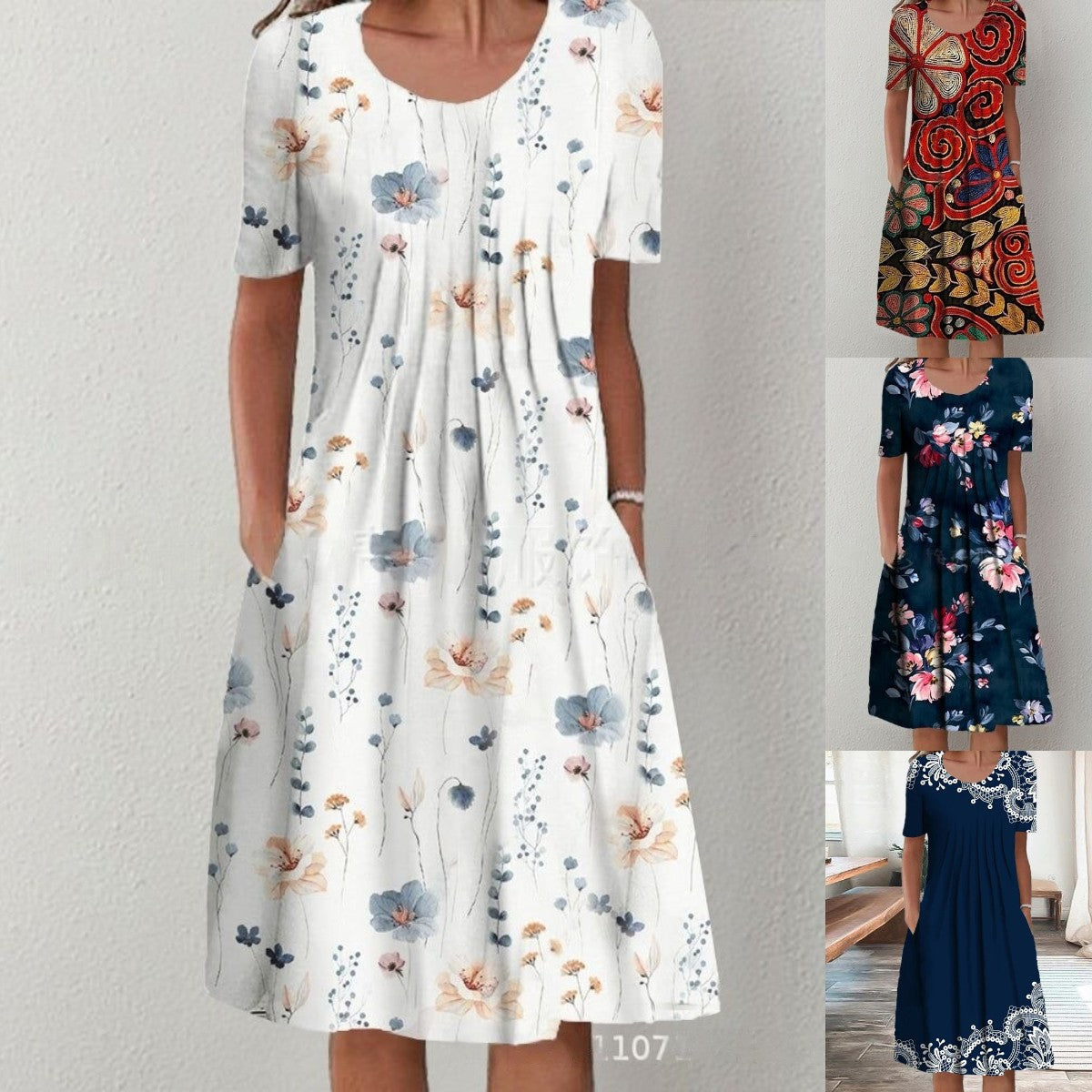 【50% de descuento】【Tallas S-5XL】🌺🌺 Vestido moderno con escote redondo y estampado.-E