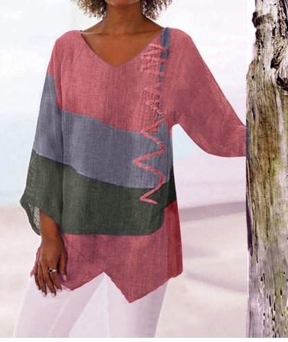 ⏳ Utolsó nap – 50% kedvezmény 😍【S~5XL】Női elegáns hétköznapi felső: V-nyakú, hosszú ujjú, művészi mintás nyomat-U