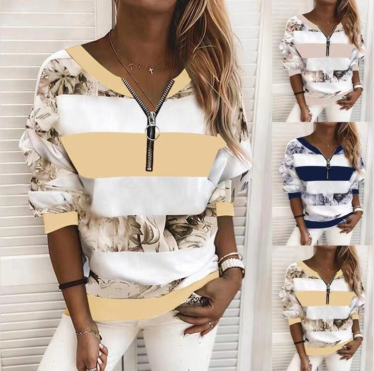 【S-5XL】 2025 otoño nueva camiseta de manga larga informal holgada con cuello en V y cremallera-E