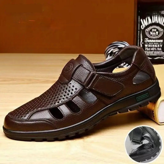 😎👞【Piele naturală premium – versiune nou îmbunătățită】Sandale bărbătești high-end din piele naturală, cu design perforat-U