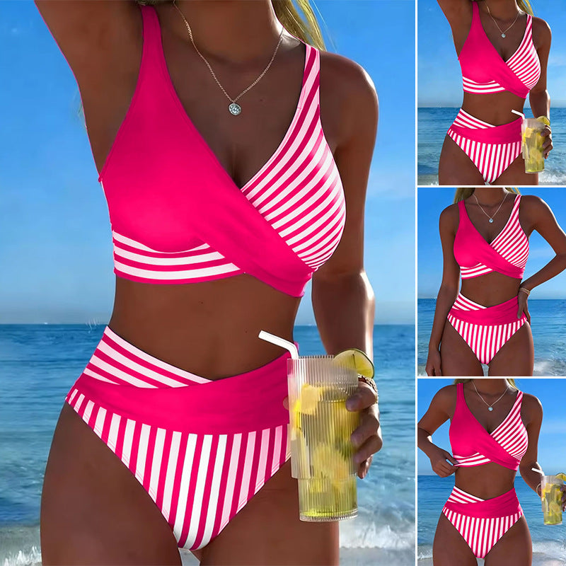 🩱【S-3XL】Bikini de dos piezas con bloques de color y estampado de rayas – Pago contra entrega-E