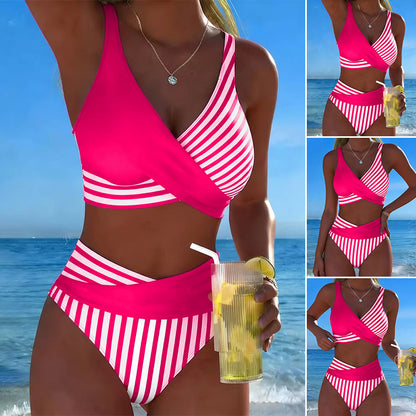 🩱【S-3XL】Bikini de dos piezas con bloques de color y estampado de rayas – Pago contra entrega-E