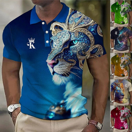 【Novi modeli sniženi 45%.】【S-6XL】Męska koszulka polo z nadrukiem 3D z lwem-3981631