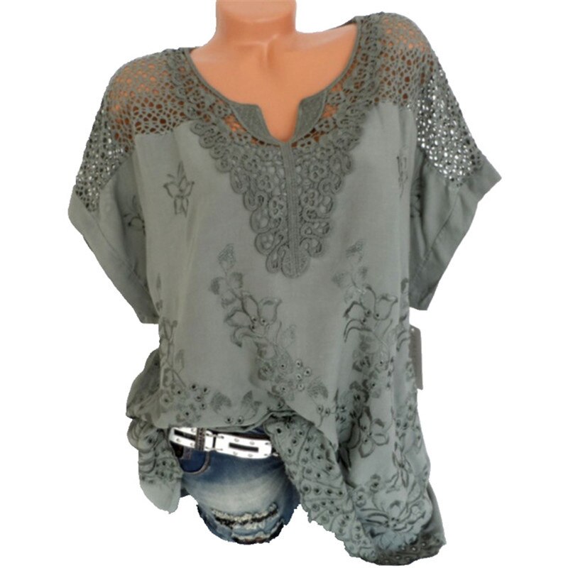 💝 2025 Top tricou cu mânecă scurtă din dantelă pentru femei, cu decolteu în V 3690094