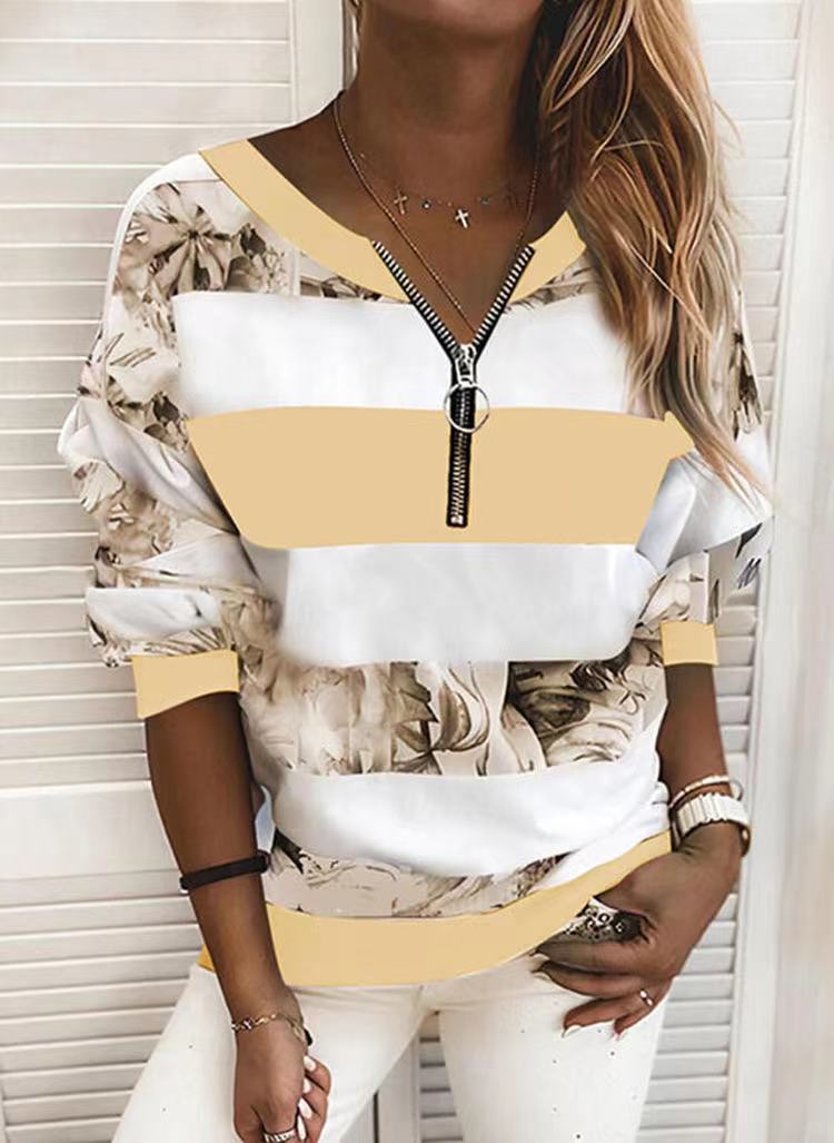 【S-5XL】 2025 otoño nueva camiseta de manga larga informal holgada con cuello en V y cremallera-E