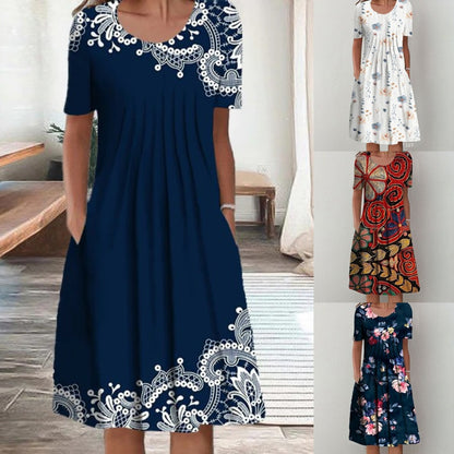【50% de descuento】【Tallas S-5XL】🌺🌺 Vestido moderno con escote redondo y estampado.-E