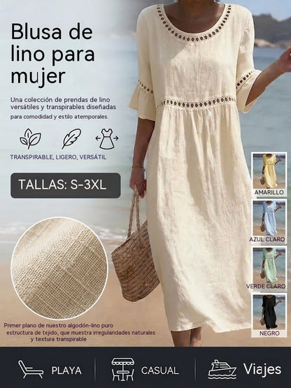 💎2026 Alta calidad💎【S-3XL】Vestido de mujer de algodón y lino, con mangas abullonadas, transpirable, suave y cómodo-E