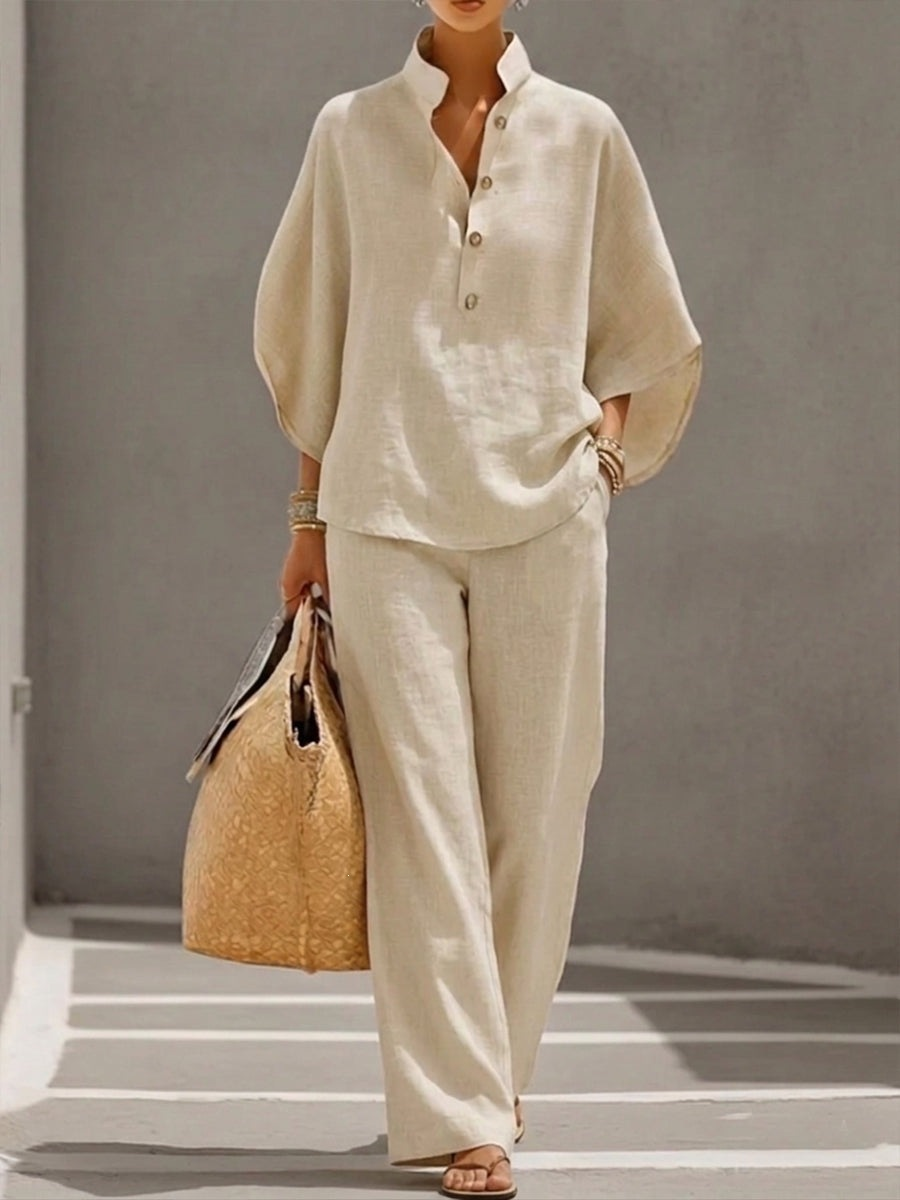 Maribel | Conjunto de lino con mangas murciélago y pantalón ancho-E
