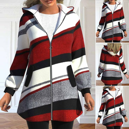 【S-3XL】 2025 Nueva chaqueta holgada con capucha a rayas para mujer-E