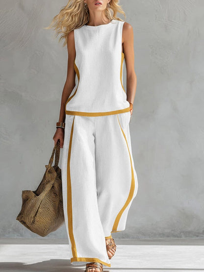 🔥 ¡Nueva llegada de verano! 😍 2026 Nuevo conjunto moderno de dos piezas para mujer: top sin mangas con detalles en contraste y pantalones de pierna ancha - Estilo veraniego, casual y chic.-E