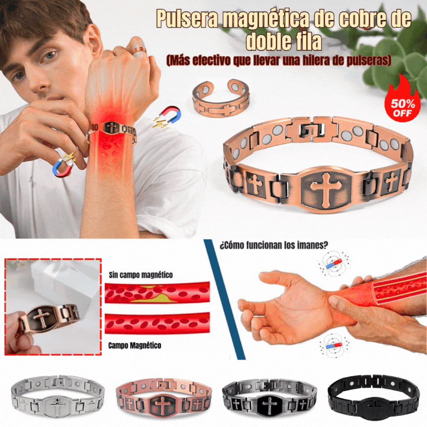 Kupite jedan, dobijte jedan gratis 🎁💙 Feraco muška bakrena narukvica s križem, magnetska narukvica za iscjeljivanje s 46 magneta - 99,99% čisti bakar-H