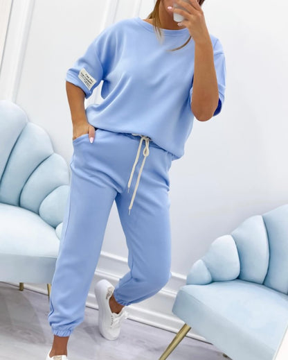 Conjunto casual de top y pantalón liso para mujer-E
