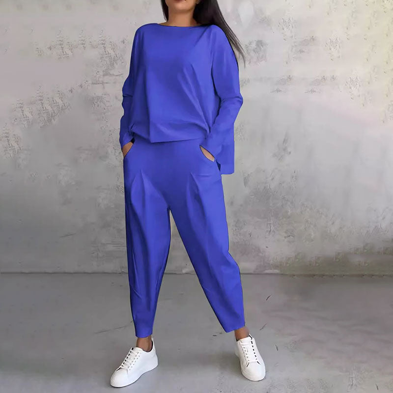 💖[Top + Kalhoty] Módní dvoudílná souprava, jednobarevné ležérní a trendy dámské oblečení, příjemná látka z čisté bavlny-Z