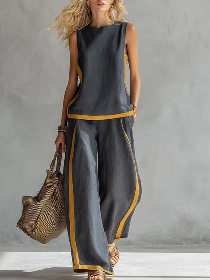 🔥 ¡Nueva llegada de verano! 😍 2026 Nuevo conjunto moderno de dos piezas para mujer: top sin mangas con detalles en contraste y pantalones de pierna ancha - Estilo veraniego, casual y chic.-E