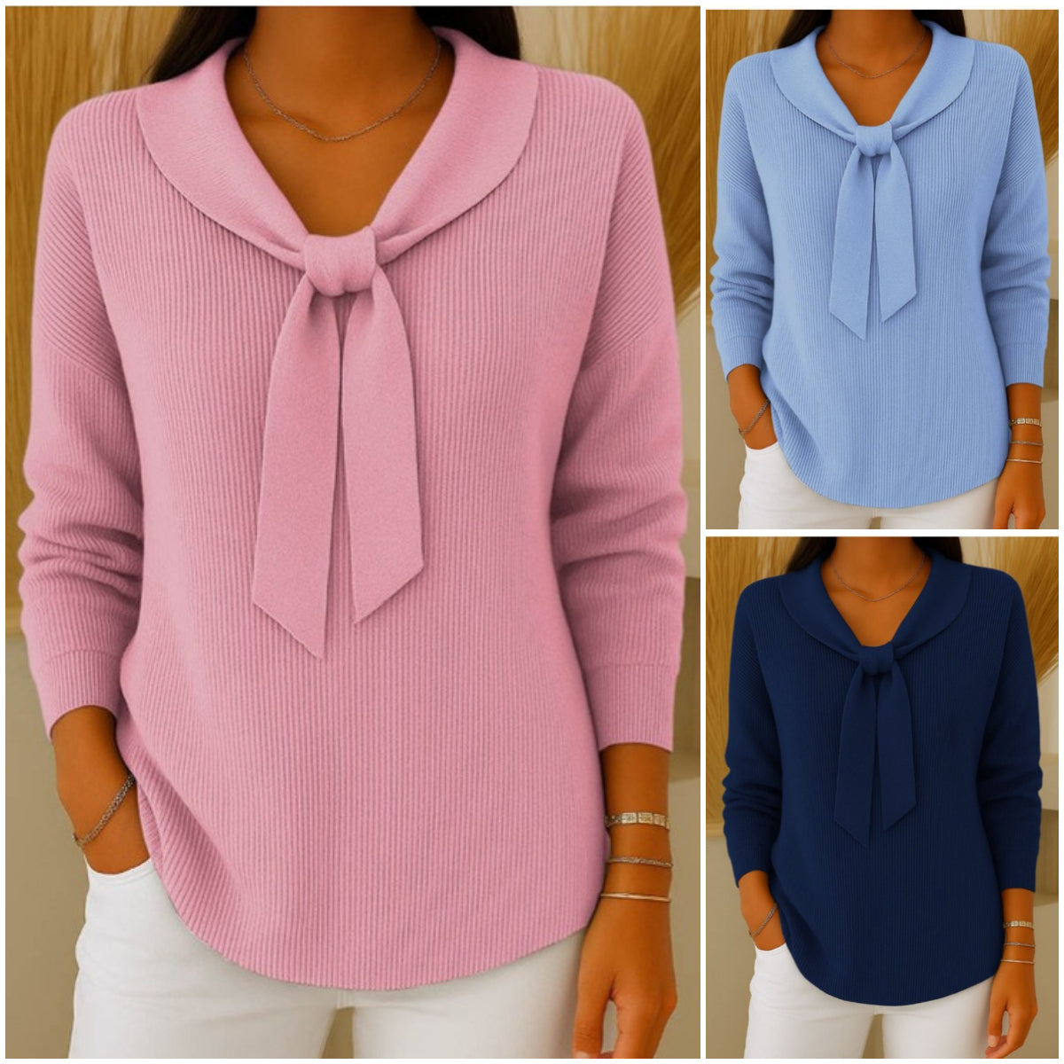 ✨Súper cómodo de llevar💕【S-5XL】Suéter de mujer de color sólido con lazo y manga larga, estilo holgado y relajado-E
