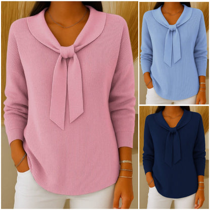 ✨Súper cómodo de llevar💕【S-5XL】Suéter de mujer de color sólido con lazo y manga larga, estilo holgado y relajado-E