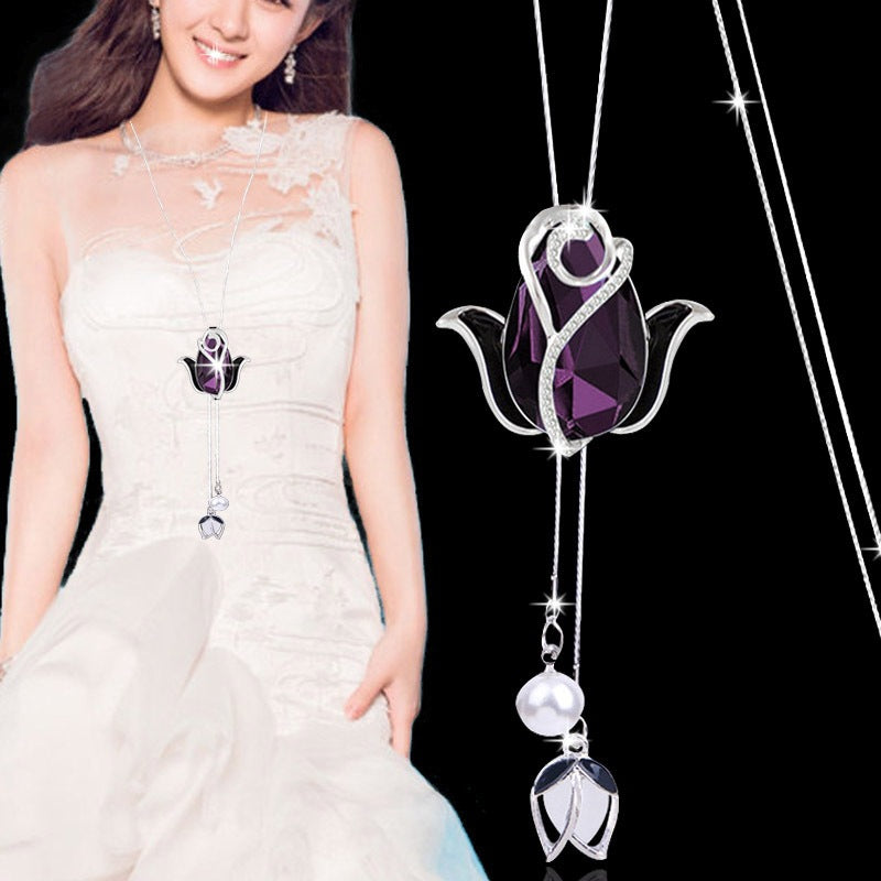 💝【Compra 1, llévate 1 gratis】✨Collar largo de tulipán con ojo de gato, cadena para suéter, accesorios de ropa-E