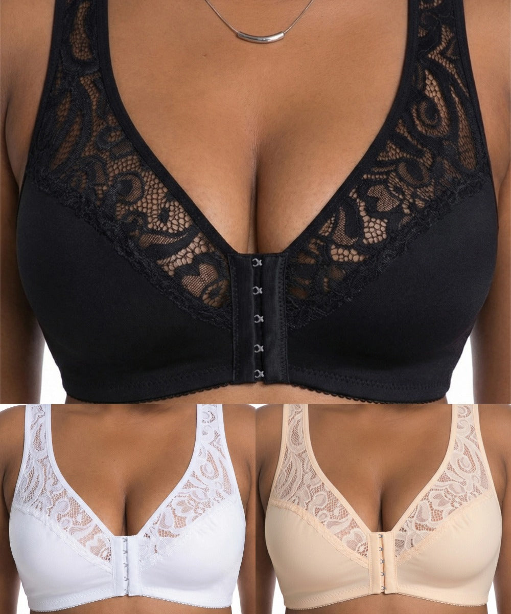 💖¡Precio mínimo histórico! 【Conjunto de 3 piezas】 【Tallas L-4XL】 😍🩲 Sujetador push-up para tallas grandes: hermoso encaje, diseño con efecto realce y copas, cierre frontal.-E