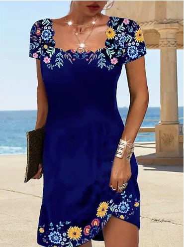 【Oryginalna zniżka fabryczna 45%】2025 Summer Wave Neck Print Short Sleeve Dress-3954716