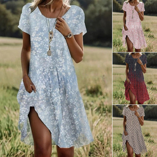 🔥👗【S-3XL】👗Nowa wiosenno-letnia kolekcja 2025, luźna lniana sukienka w kwiaty z okrągłym dekoltem.