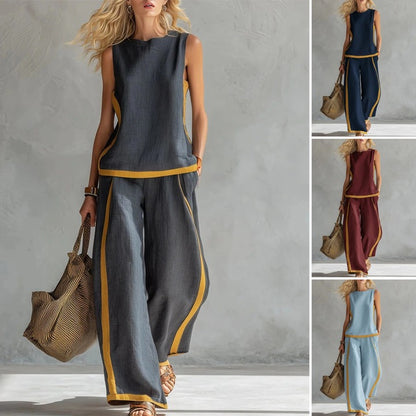 🔥 ¡Nueva llegada de verano! 😍 2026 Nuevo conjunto moderno de dos piezas para mujer: top sin mangas con detalles en contraste y pantalones de pierna ancha - Estilo veraniego, casual y chic.-E
