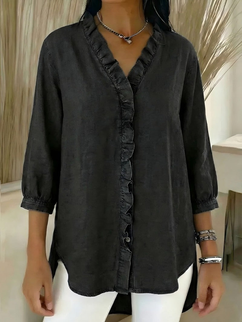 🔥 Pago contra reembolso ✅️【40-100kg】Camisa vaquera informal para mujer con cuello en V y volantes-E