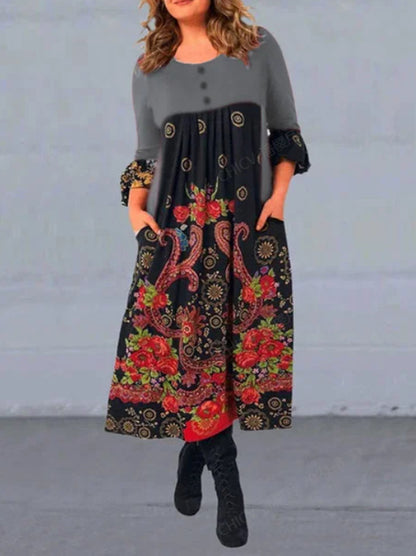 【Tallas S-5XL】👗Nuevo vestido casual de manga larga con estampado retro para otoño/invierno 4152909-E