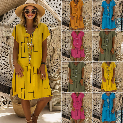 【SLEVA 45 %】👗【S-5XL】Bavlněné šaty s potiskem a výstřihem do V 4245139-Z