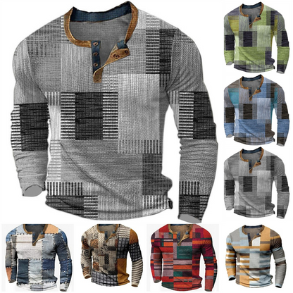 🌴🌈【50% de descuento🔥】【S-4XL】👔😍 Nueva colección de camisas para hombre con estampado, de manga larga, estilo relajado Henry, disponibles en varios colores.-E