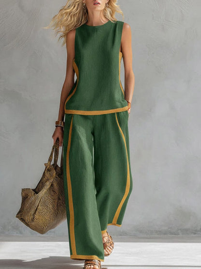 🔥 ¡Nueva llegada de verano! 😍 2026 Nuevo conjunto moderno de dos piezas para mujer: top sin mangas con detalles en contraste y pantalones de pierna ancha - Estilo veraniego, casual y chic.-E
