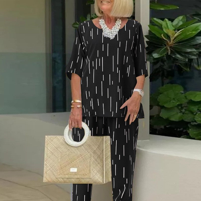 💥🔥【Top + pantaloni】【40-110kg】2025, primăvară și vară, noua modă, cu gât rotund, mânecă cinci sferturi, set liber din două piese