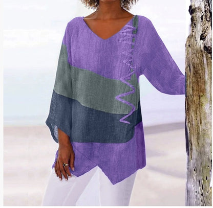 ⏳ Poslední den – sleva 50 % 😍【S~5XL】Dámský elegantní ležérní top s výstřihem do V a dlouhým rukávem, uměleckým vzorem a potiskem-Z