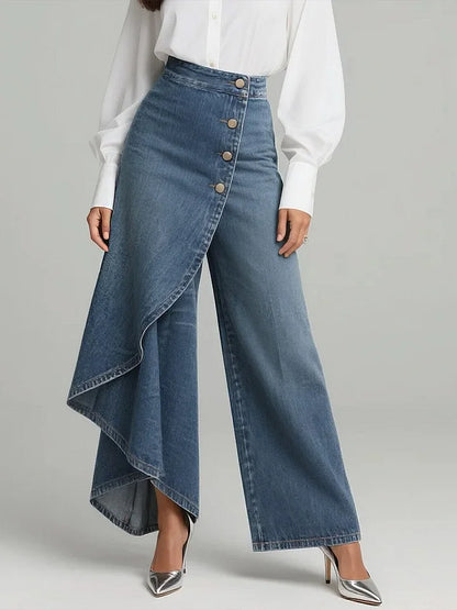 🥇 Vaqueros de cintura alta y pernera ancha para mujer, ajuste holgado con diseño elegante-E