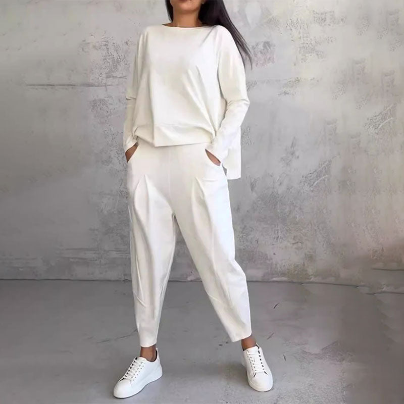 💖[Top + Kalhoty] Módní dvoudílná souprava, jednobarevné ležérní a trendy dámské oblečení, příjemná látka z čisté bavlny-Z