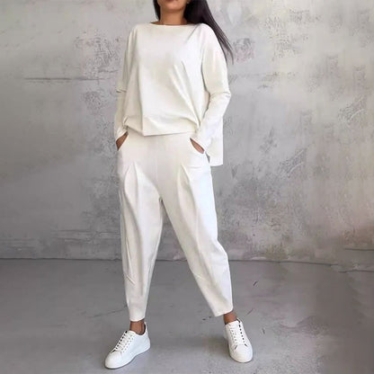 💖[Top + Kalhoty] Módní dvoudílná souprava, jednobarevné ležérní a trendy dámské oblečení, příjemná látka z čisté bavlny-Z