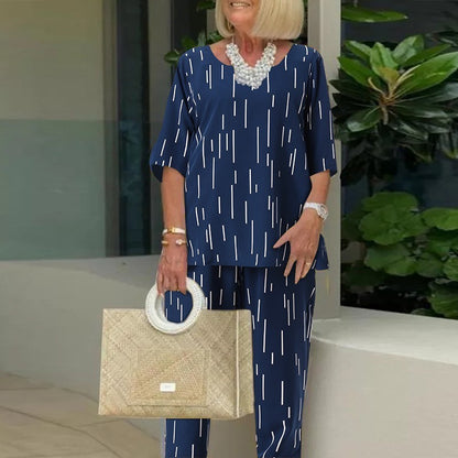 💥🔥【Top + pantaloni】【40-110kg】2025, primăvară și vară, noua modă, cu gât rotund, mânecă cinci sferturi, set liber din două piese