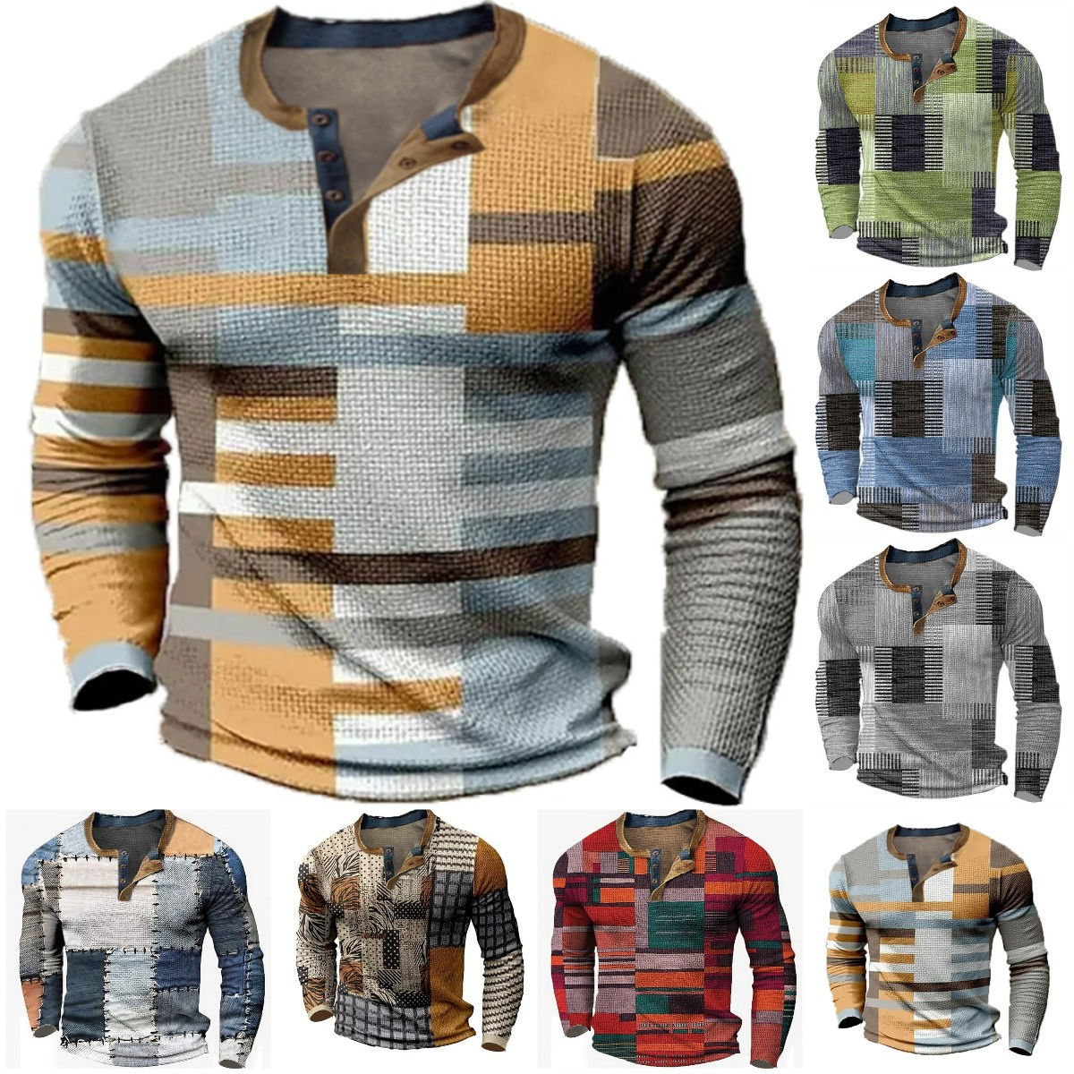 🌴🌈【50% de descuento🔥】【S-4XL】👔😍 Nueva colección de camisas para hombre con estampado, de manga larga, estilo relajado Henry, disponibles en varios colores.-E