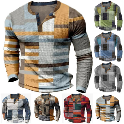 🌴🌈【50% de descuento🔥】【S-4XL】👔😍 Nueva colección de camisas para hombre con estampado, de manga larga, estilo relajado Henry, disponibles en varios colores.-E