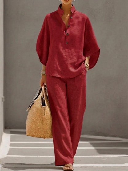 Maribel | Conjunto de lino con mangas murciélago y pantalón ancho-E