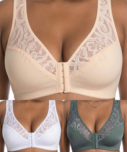 💖¡Precio mínimo histórico! 【Conjunto de 3 piezas】 【Tallas L-4XL】 😍🩲 Sujetador push-up para tallas grandes: hermoso encaje, diseño con efecto realce y copas, cierre frontal.-E