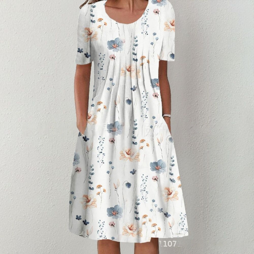 【50% de descuento】【Tallas S-5XL】🌺🌺 Vestido moderno con escote redondo y estampado.-E