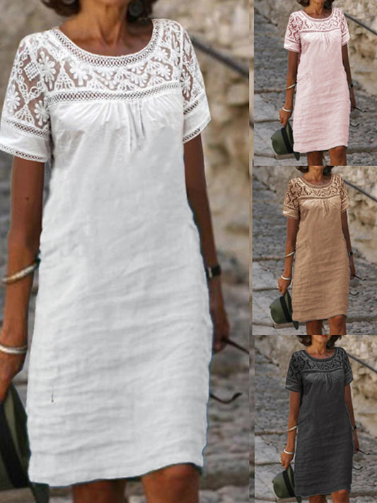 Noua rochie de vară dantelă patchwork cu gât rotund din bumbac și in