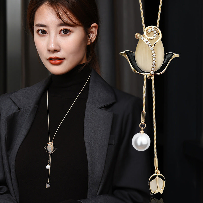 💝【Compra 1, llévate 1 gratis】✨Collar largo de tulipán con ojo de gato, cadena para suéter, accesorios de ropa-E