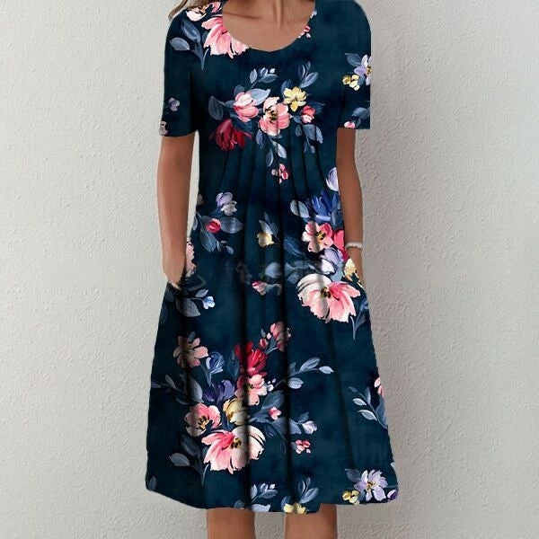 【50% de descuento】【Tallas S-5XL】🌺🌺 Vestido moderno con escote redondo y estampado.-E
