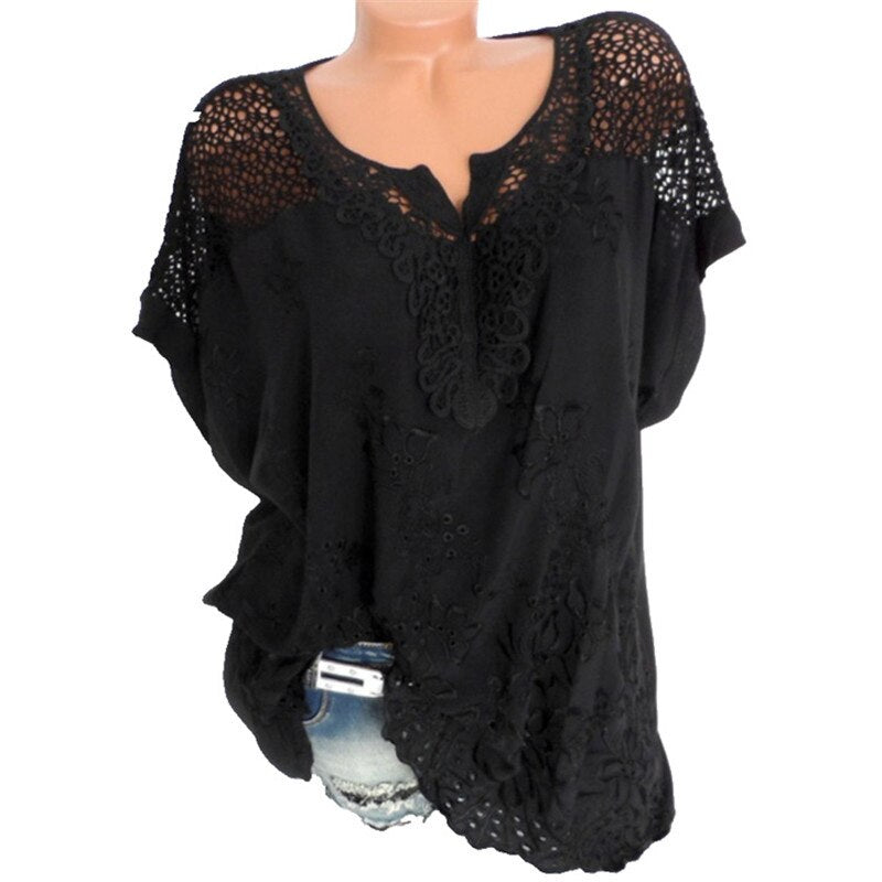 💝 2025 Top tricou cu mânecă scurtă din dantelă pentru femei, cu decolteu în V 3690094
